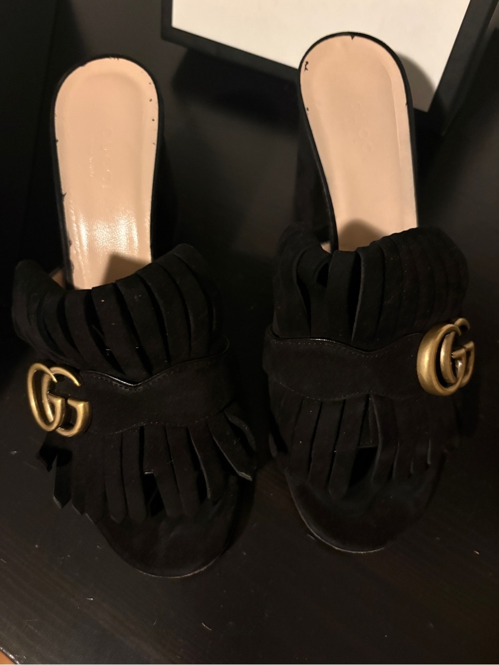 Gucci Black Suede Fringed Mules with Gold Double G